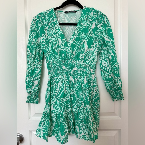 NWOT Zara Linen Blend Tropical Print Ruffled Dress Green 3/4 Sleeve Size M - Picture 3 of 13